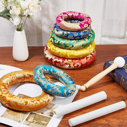 10 Pcs Singing Bowl Cushion Set 7 Silk Cloth O Ring with 3 Crystal Singing Bowl Mallet Include Solid and Hollow Stick Wood Handle Rubber Mallet for 6-12" Tibetan Sound Meditation(Rainbow)