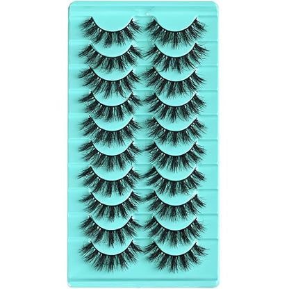 Wispy Lashes Fluffy Mink Eyelashes 16mm Natural Thick False Eye Lash Strips 10 Sets Medium Wispies Fake Strip Eyelash Wet Spikes Style Full Volume Cateye Spiky Lashes Manga Look