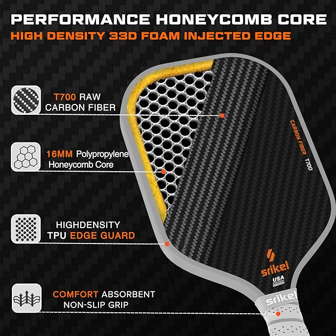 Pickleball Paddles, Raw T700 Carbon Fiber Pickleball Paddle, 16mm Power Polymer Core, Professional Rackets for Great Spin, Control & Precision Shots, USAPA Approved