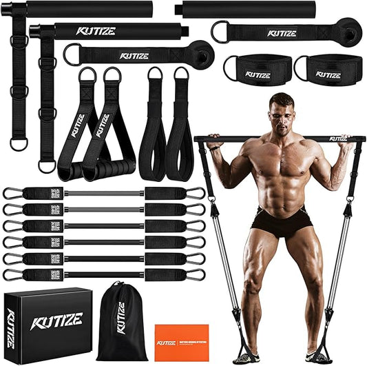 Pilates Bar Kit with Resistance Bands, Heavy Duty Pilates Equipment for Men, Strength Training Bar for Legs, Hip, Back, Arm, Abs, Chest, Shoulders, Portable Home Gym Full Body Workout Equipment