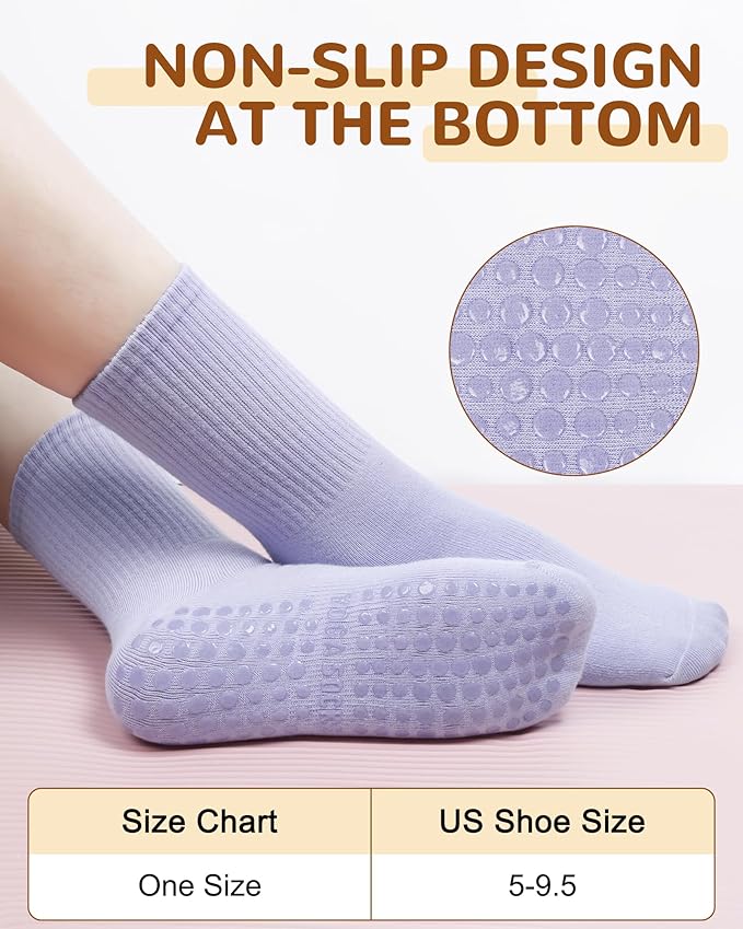 Justay 6 Pairs Pilates Socks with Grips for Women Soft Non Slip Crew Cotton Athletic Workout Barre Hospital Yoga Socks
