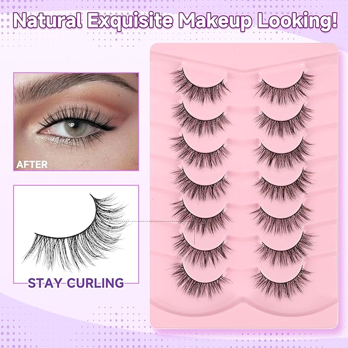 False Eyelashes 16MM Lashes Natural Wispy Eyelashes Thin Band Fluffy Lashes Pack +3D Volume False Lashes Soft Strip Lashes C Curl Natural Eyelashes Fake Lashes 7 Pair EVENTILL