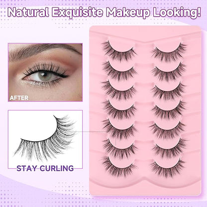 False Eyelashes 16MM Lashes Natural Wispy Eyelashes Thin Band Fluffy Lashes Pack +3D Volume False Lashes Soft Strip Lashes C Curl Natural Eyelashes Fake Lashes 7 Pair EVENTILL