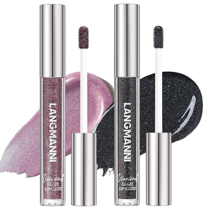 LANGMANNI 2 Colors Diamond Glitter Lip Gloss Set,Long Lasting High Shine Shimmer Liquid Lipstick Set,Hydrating,Moisturizing Lip Gloss Kit Gift Makeup For Girls(#09+10)