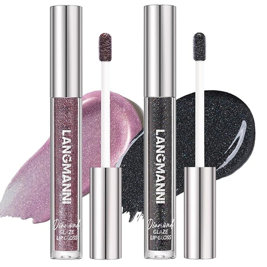 LANGMANNI 2 Colors Diamond Glitter Lip Gloss Set,Long Lasting High Shine Shimmer Liquid Lipstick Set,Hydrating,Moisturizing Lip Gloss Kit Gift Makeup For Girls(#09+10)