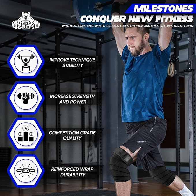 Bear Grips Knee Wraps - Heavy Duty Knee Brace Pair Compression and Elastic Support for Squats, Weightlifting, Powerlifting - Home Gym Workout Equipment Knee Support for Men and Women (Solid Black)