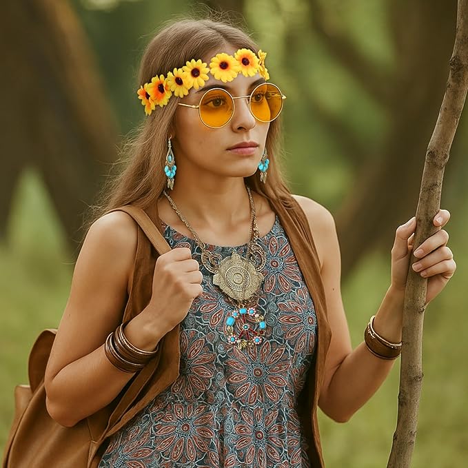 Hicarer Hippie Costume Accessories Include Sunglasses, Peace Sign Necklace, Boho Headband and Earring for 60s 70s Party