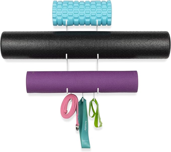 Wallniture Guru Yoga Mat Holder Wall Mount with 3 Hooks for Hanging Yoga Strap, Resistance Bands, 5-Sectional Metal