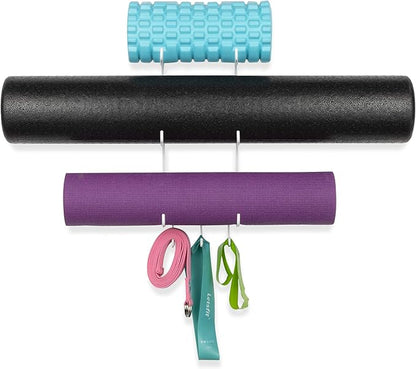 Wallniture Guru Yoga Mat Holder Wall Mount with 3 Hooks for Hanging Yoga Strap, Resistance Bands, 5-Sectional Metal