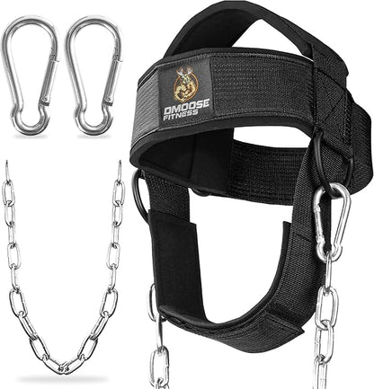 DMoose Fitness Neck Harness for Weight Lifting - Soft Padded Head & Chin Strap with 30" Heavy Duty Steel Chain - Neck Exerciser, Trainer & Strengthener to Support Injury Recovery and Intense Workouts