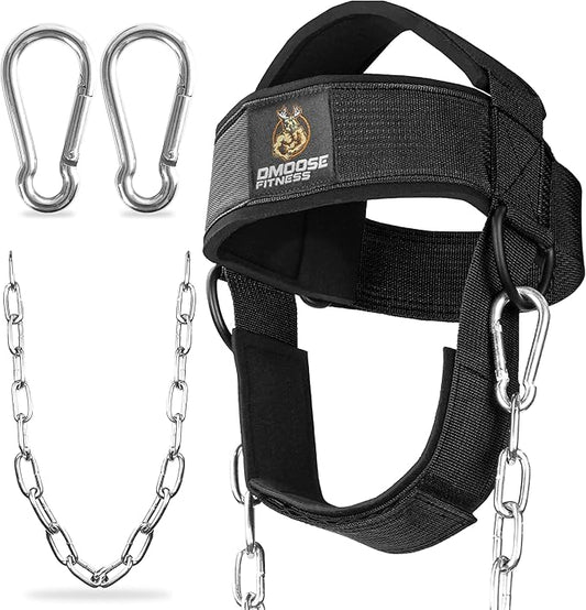 DMoose Fitness Neck Harness for Weight Lifting - Soft Padded Head & Chin Strap with 30" Heavy Duty Steel Chain - Neck Exerciser, Trainer & Strengthener to Support Injury Recovery and Intense Workouts