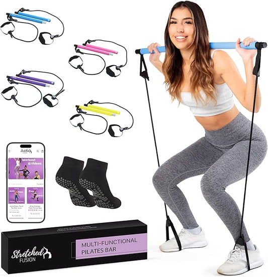 Pilates Bar Kit for Home Workouts | Portable Home Pilates Kit Set for Women & Men | Workout Bar for Legs, Hip, Waist and Arm | Includes Pilates Socks, 30-Day Challenge & Meal Plan