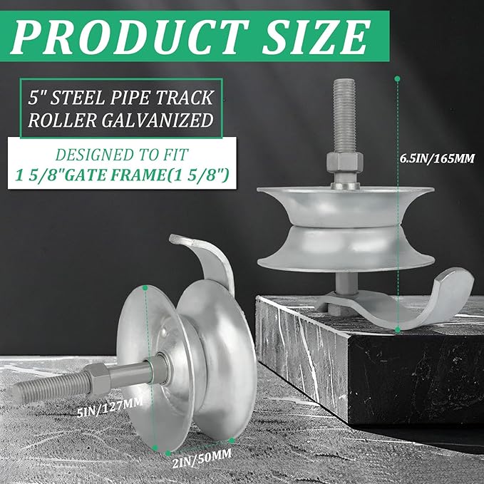 2 Pack Sliding Gate Rollers 5" Steel Pipe Track Roller Galvanized for 1 5/8" Pipe Track (Pack of 2)