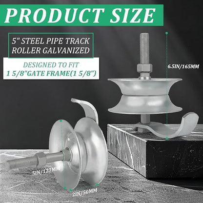 2 Pack Sliding Gate Rollers 5" Steel Pipe Track Roller Galvanized for 1 5/8" Pipe Track (Pack of 2)
