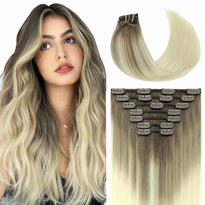 Youngsmile Clip in Hair Extensions Human Hair 20 inch Ash Brown Fading to Platinum Blonde Real Hair Extensions Clip ins 7pcs 160g,Soft Silk Straight,Thick End(7C#8T60-20Inch)