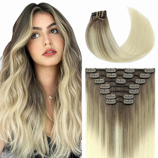 Youngsmile Clip in Hair Extensions Real Human Hair, Remy Human Hair Extensions Clip in,Color 8 Ash Brown Fading to 60 Blonde, Double Weft,16 Inch 140g 7Pcs Soft Silk (7C#8T60-16Inch)