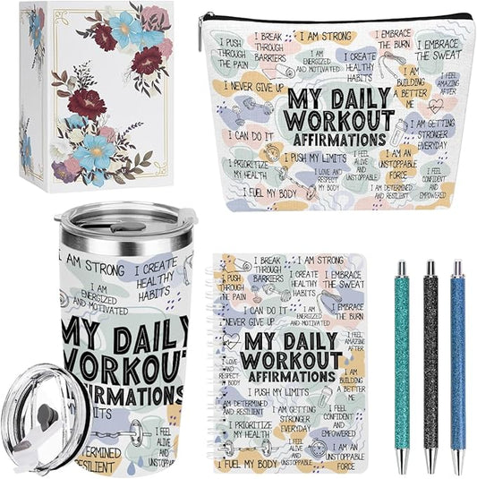 Daily Affirmations for Women Workout Encouragement Mental Health Inspirational Gifts for Women Coworker Boss Birthday Friendship Christmas, Office 6PCS 20oz Tumbler Makeup Bag Ballpoint Pen Notebook