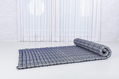 Leewadee - Kapok Roll Mat – Handcrafted Folding Sleep & Relaxation Mattress from Thailand, Ideal as Guest Bed, Camping Mat, Yoga Mat or Traditional Futon, 75 x 39 inches, Blue White
