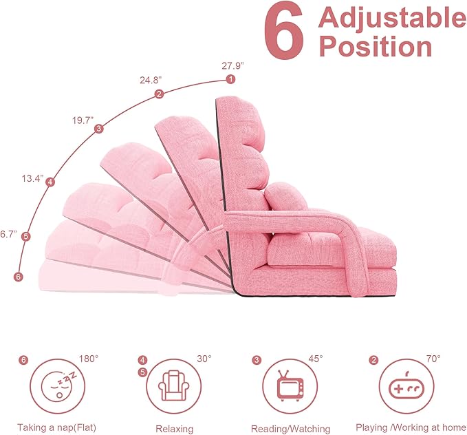 Adjustable Floor Gaming Chair for Adults, 6-Position Chaise Lounge Chair with Meditation Arm, Foldable Lazy Sofa with Pillow, Comfy Chair Indoor for Bedroom Dorm Living Room, Pink