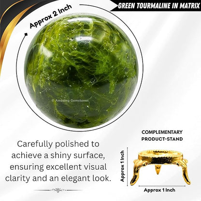 Amazing Gemstone Green Tourmaline Crystal Ball with Stand - 2 Inches Crystal Sphere Meditation Balls for Witchcraft and Decorative Balls