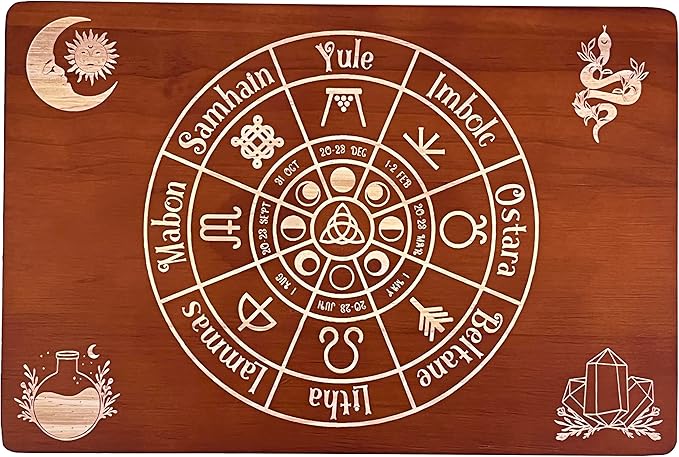 Altar Table, Meditation Table, Small Altar Table, Wooden Witch Altar, Wiccan Alter Table, Buddhist Shrine, Engraved The Wheel of The Year on Table Top, 12 × 8 inches