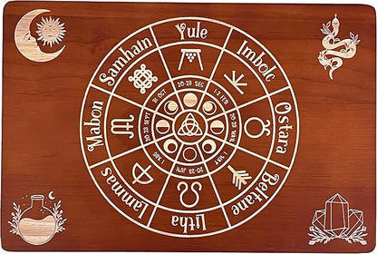 Altar Table, Meditation Table, Small Altar Table, Wooden Witch Altar, Wiccan Alter Table, Buddhist Shrine, Engraved The Wheel of The Year on Table Top, 12 × 8 inches