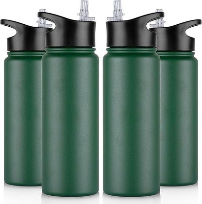 24 oz Insulated Water Bottle Bulk 4 Pack, Stainless Steel Sports Water Bottles with Straw Lid & Wide Mouth Lids, Double Walled Vacuum, Leak Proof, Dark Green