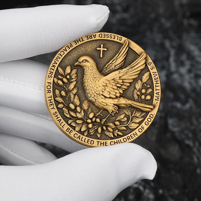 Christian Peace Medallion with Dove and Angels – Inspirational Religious Gift with Bible Verse Matthew 5:9 and Graceful Design