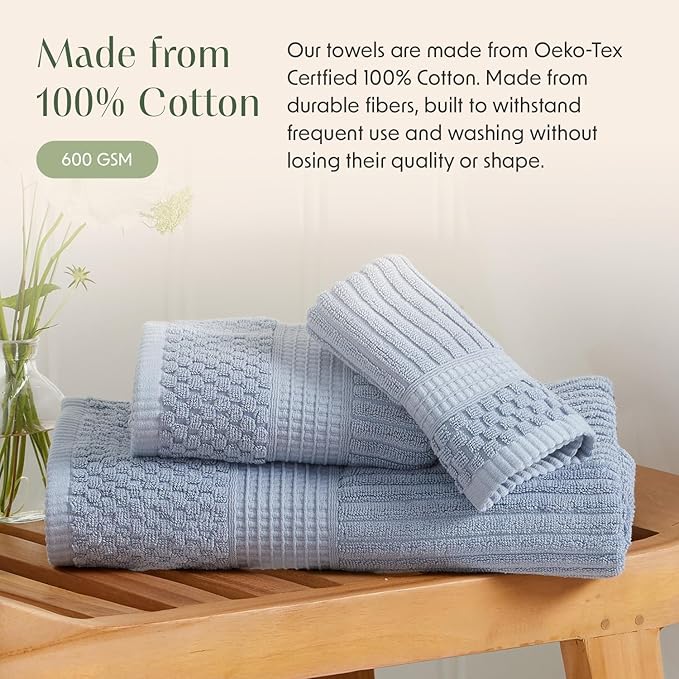 Springtree Home 100% Cotton Bath Towel Set of 4 | Super Soft & Absorbent with Quick-Dry Fibers | 4 Bath Towels | Textured and Durable Cotton | Krista Collection - Dusty Blue
