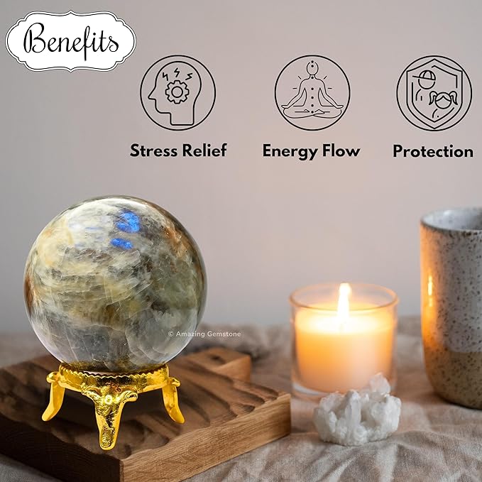 Amazing Gemstone Sun Moonstone Crystal Ball with Stand - 2 Inches Crystal Sphere Meditation Balls for Witchcraft and Decorative Balls