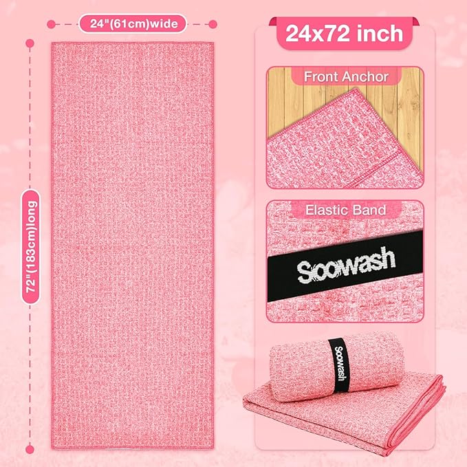 2 Pack Hot Yoga Towel Yoga Mat Towels Non Slip for Hot Yoga Stickyfiber Microfiber Quick Dry Soft Absorbent with Corner Pockets Cover Bikram Pilates Exercise Fitness 24" X 72"Pink