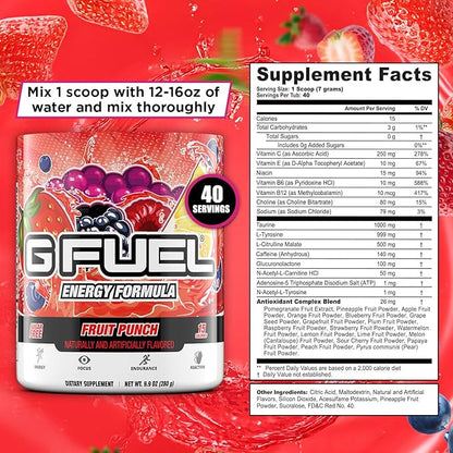 G Fuel Fruit Punch Energy Drink Powder, Pre Workout Caffeine Mix for Gaming, Sugar Free Focus Amino, Vitamin + Antioxidants, 9.9oz (Fruit Punch, 40 Servings)