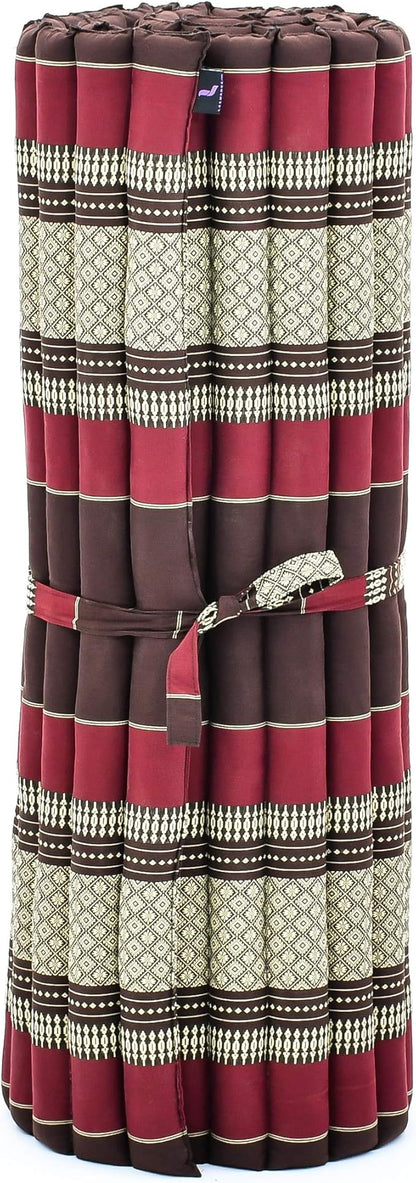 Leewadee - Kapok Roll Mat – Handcrafted Folding Sleep & Relaxation Mattress from Thailand, Ideal as Guest Bed, Camping Mat, Yoga Mat or Traditional Futon, 75 x 39 inches, Brown Red