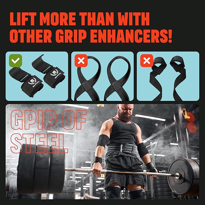 Mava Sports Heavy Duty Weightlifting Hand Grip Power Hooks with Wrist Straps for Pull-ups and Deadlifts Weight Lifting Hooks for Men and Women, Ideal for Power Weightlifting and Gym Workouts