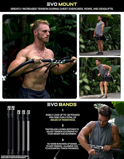 EVO Bow - All in One Portable Home Gym System | Compact Strength Training and Exercise Equipment for Travel with Notched Resistance Bands for Full Body Training and Weighted Pushups | 300lbs