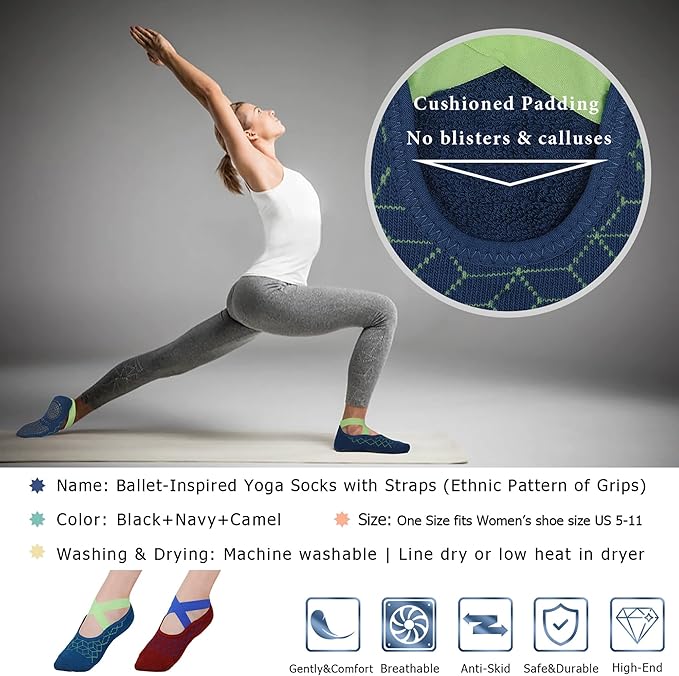 Ozaiic Yoga Socks for Women Non-Slip Grips & Straps, Ideal for Pilates, Pure Barre, Ballet, Dance, Barefoot Workout