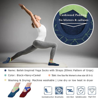 Ozaiic Yoga Socks for Women Non-Slip Grips & Straps, Ideal for Pilates, Pure Barre, Ballet, Dance, Barefoot Workout