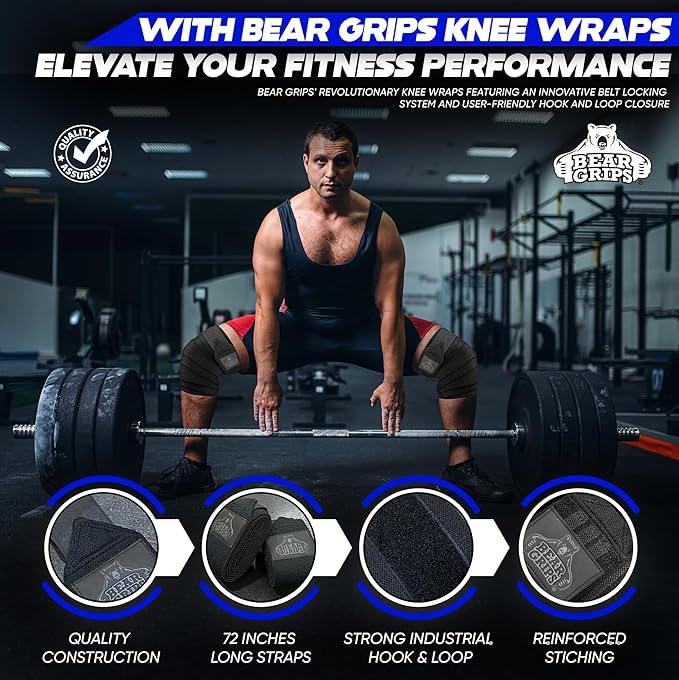 Bear Grips Knee Wraps - Heavy Duty Knee Brace Pair Compression and Elastic Support for Squats, Weightlifting, Powerlifting - Home Gym Workout Equipment Knee Support for Men and Women (Solid Black)