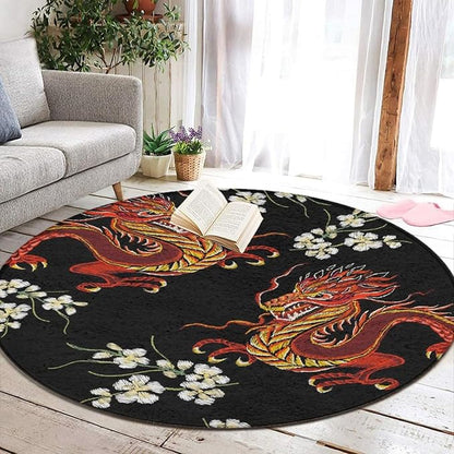 Soft Round Yoga Carpet, Large Home Decor Mat, Non-Slip Machine Washable Kitchen Office Circle Rug Compatible with Floral Chinese Japanese Dragon Flower