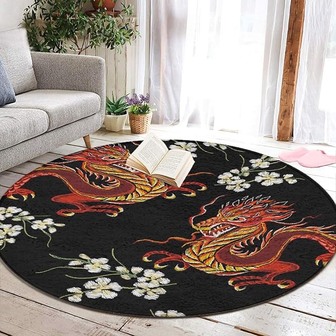 Soft Round Yoga Carpet, Large Home Decor Mat, Non-Slip Machine Washable Kitchen Office Circle Rug Compatible with Floral Chinese Japanese Dragon Flower