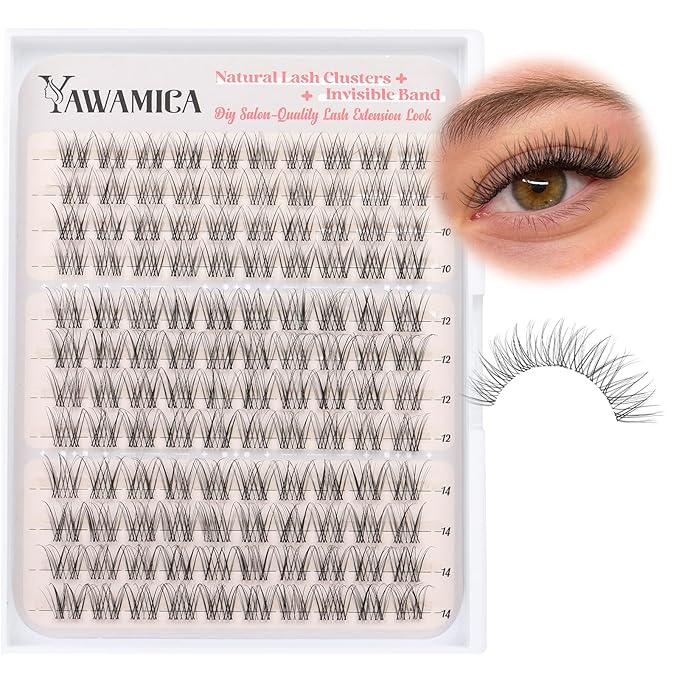 Yawamica Natural Lash Clusters Clear Band Eyelash Clusters 10-14mm Lash Extension Wispy Individual Lashes C Curly Cluster Lashes DIY Cluster Eyelash Extensions Natural Look by Self (Venus)