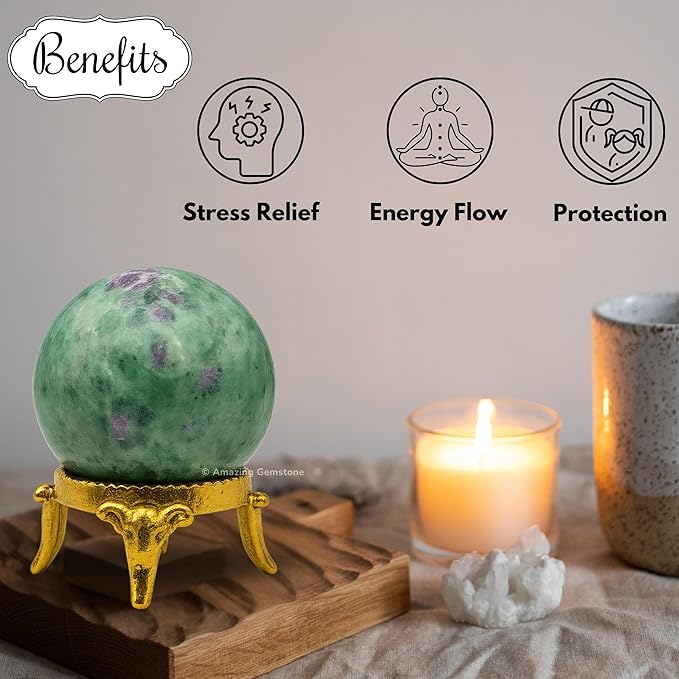 Amazing Gemstone Ruby Fuchsite Crystal Ball with Stand - 2 Inches Crystal Sphere Meditation Balls for Witchcraft and Decorative Balls