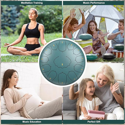 D Major Steel Tongue Drum Handpan, 12 Inch 13 Note Rain Drum for Outside Garden, Meditation Rain Chime, Musical Percussion Instrument for Adult Gift with Bag, Music Book, Drum Mallets (Moss Blue)