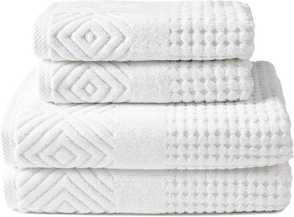 Texere 100% Organic Cotton Diamond Jacquard 700 GSM Luxury Bath Towel Sets - Ultra Soft and Absorbent Hotel and Spa Quality (Diamond, Bright White, 2 Bath & 2 Hand Towels)
