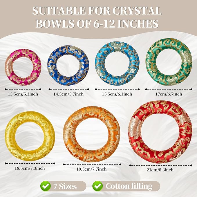 10 Pcs Singing Bowl Cushion Set 7 Silk Cloth O Ring with 3 Crystal Singing Bowl Mallet Include Solid and Hollow Stick Wood Handle Rubber Mallet for 6-12" Tibetan Sound Meditation(Rainbow)