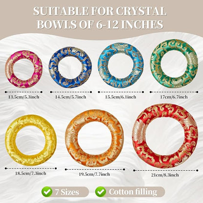 10 Pcs Singing Bowl Cushion Set 7 Silk Cloth O Ring with 3 Crystal Singing Bowl Mallet Include Solid and Hollow Stick Wood Handle Rubber Mallet for 6-12" Tibetan Sound Meditation(Rainbow)