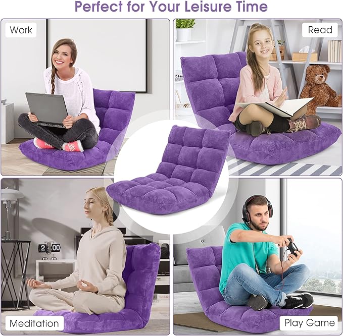 Moccha 14-Position Floor Chair, Folding Sofa Chair with Back Support, Memory Foam Floor Gaming Chairs for Adults, Adjustable Padded Couch Recliner Sleeper Bed for Reading, Meditating, Purple