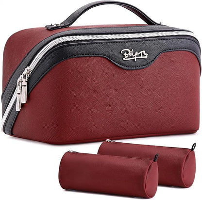 BOYATU Travel Makeup Bag Organizer Cosmetic Bag: 3 Pcs Set Make up Bags for Women with Handle - Waterproof Vegan Leather Toiletry Bags Travel Essentials Pouch with Compartments (G-05-Red)