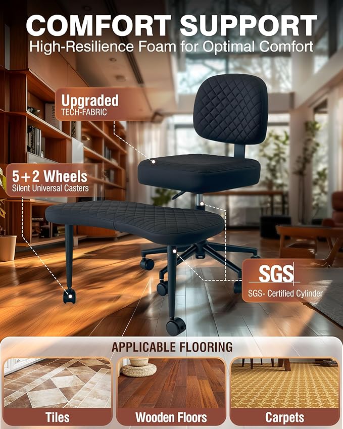 PYY Cross Legged Office Chair - Upgraded Durable Tech Fabric Meditation ADHD Office Chair w/Wheels, SGS Gas Rod, Load Capacity 300LBS, Squatting Kneeling Fidget Chair for Home & Office, Black