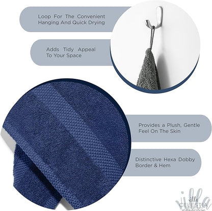 100% Cotton Bath Towel Set of 12-4 Bath Towels, 4 Hand Towels, 4 Wash Cloths, Sustainable, Soft, Highly Absorbent, Combed Cotton 12 Piece Set for Hotels, Spa, Bathroom, Dorm, Navy Blue